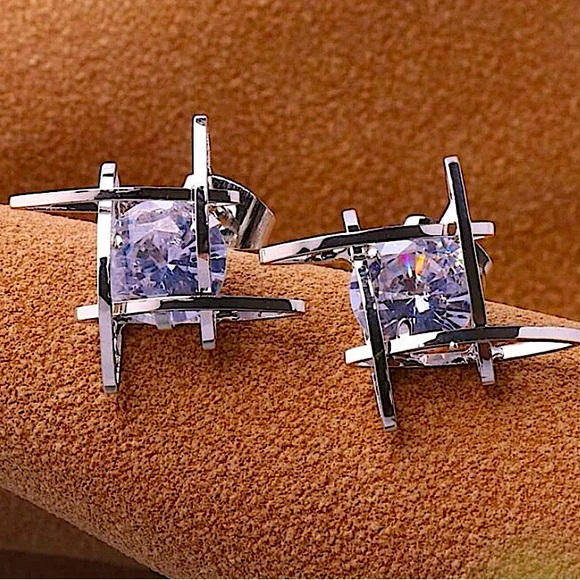 Caged Diamond Silver Zircon 3D Stud Earrings - Picture 1 of 3